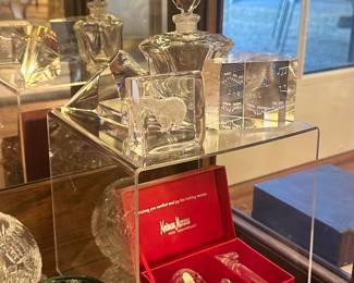 Baccarat etched paperweight with music notes, Neiman Marcus crystal perfume bottle with stopper