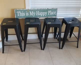 Four metal bar stools; metal Happy Place sign