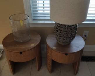 Two stylish circular end tables - made in India. Table lamp; large glass vase