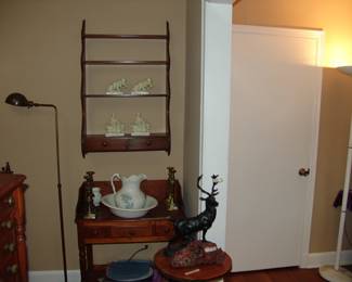 Wall shelf and antique wash stand with bowl and pitcher in perfect condition