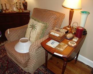 Like new easy chair and ottoman and walnut side table