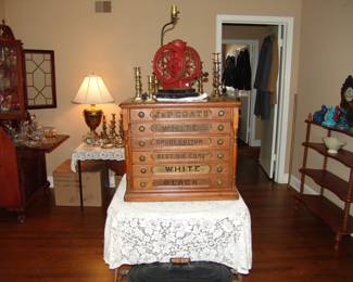Rare and antique commercial spool chest in great condition and antique coffee grinder