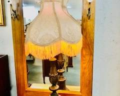 Metal bronze colored metal lamp with fringe lampshade 