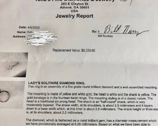 Appraisal replacement value Fabulous one carat Diamond Solitaire diamond ring with Appraisal. Estimated diamond size is . 93 Ct mounted in a 14 K gold 6 prong mounting 