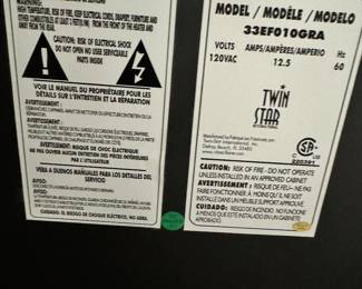 Electric Fireplace label on backside