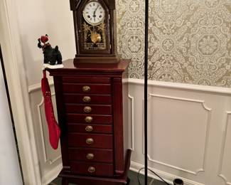 Mantle clocks, jewelry cabinet.