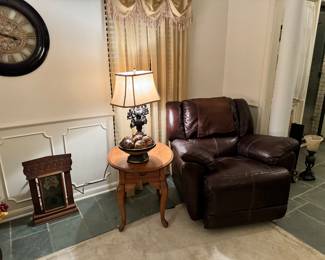 Recliner, oak end table, lamp