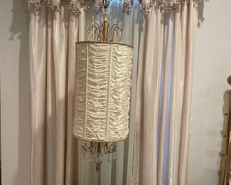 2 Antique pendant Lamps.  Silk and custom made crystals.  11 x12 x37