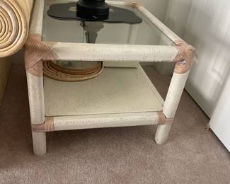 Boho chic end tables.  reed and rattan with glass tops.  $300