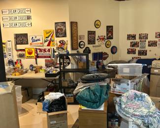 Miscellaneous signs, tent, wicker, clocks.