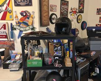 Motorcycle Seats, Hemets. Jackstands Below.