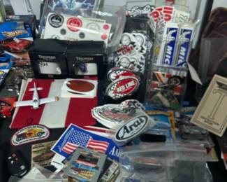 Car, Tire and Motorcycle Bumper Stickers Galore. Miniature Motorcycle Models new in Box. Motorcycle Lanyards