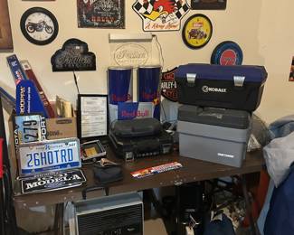 Window AC , Toolboxes, Vanity Plates, Tent, Windshield wiper blades, motorcycle signs and clocks, Redbull light up signs.