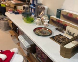 Wood Shelves, Fenton Salad Set, Budweiser Collector Tray, Mirrors.