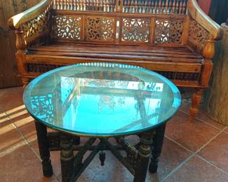 Antique wood bench and brass platter top table