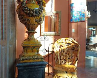 Burlwood root chair, Huge Italian Majolica glazed urn