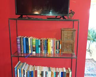 Iron and glass bookshelf, tv and books