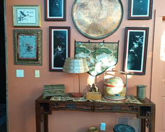 Various far eastern artwork and antique carved Dragon Scroll side table