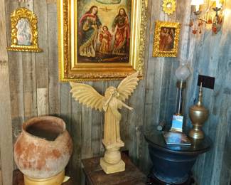 Holy family, carved wooden angel and pots
