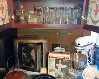 Kitchen appliances (cuisinart and kitchenaid) and glassware