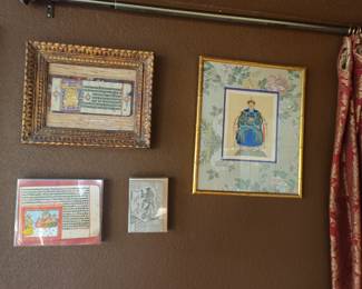 Embroidered art and framed vintage printed manuscript