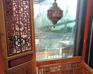 Hanging brass lamp, Carved iron and wood screen