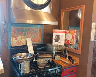 Kitchen items and clock