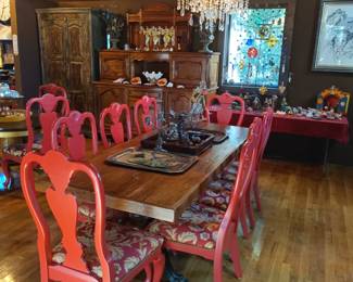 Large table with 10 painted chairs