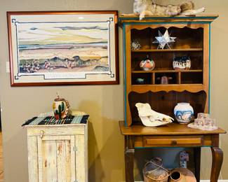rustic and pine furnishings, Native American pottery, vintage Daryl Howard prints (ATX artist)