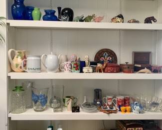 Vases, pitchers, tins, small boxes and various decorative accessories.  Collection of small elephants