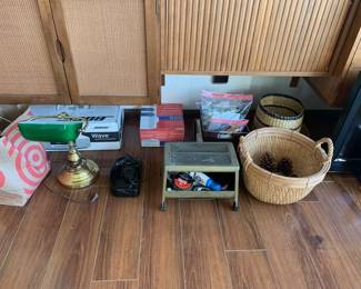 Desk lamp, shoe-shine stool, baskets, misc office supples