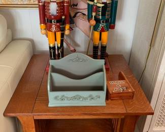 Nutcrackers, oak veneer end table, mail and key holders