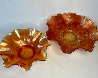 Amber carnival glass ruffle bowls