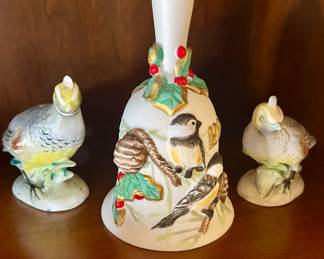 Ceramic pheasant salt & pepper shakers and bell