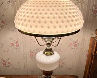 Hobnail milk glass and brass table lamp