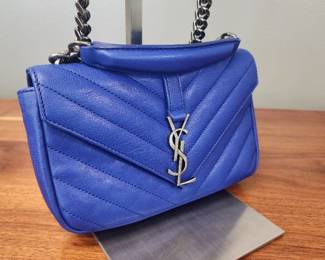 Yves Saint Laurent Sheepskin Matelasse College Chain Wallet Royal Blue