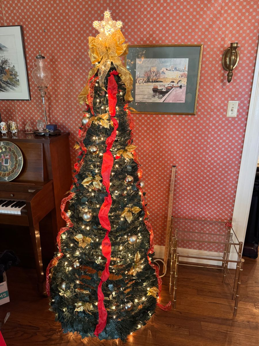 You can’t tell it but this tree is collapsible. It goes completely flat and stores so easily. My kind of tree.