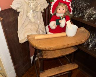 Antique press back high hair, baby gown and vintage Christmas doll.
