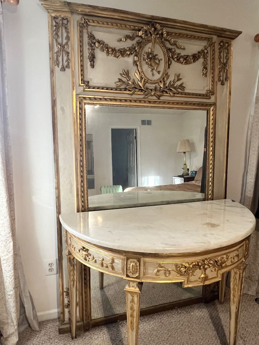 Antique pair of French trumeau mirror & Demi- lune table with marble top