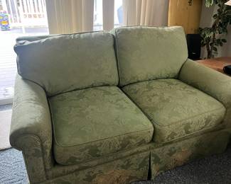 Rich green damask upholstered settee, like new.,