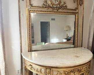 Antique pair of French trumeau mirror & Demi- lune table with marble top