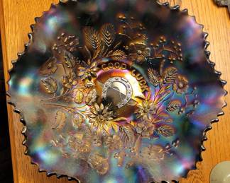 Carnival glass blue Good Luck bowl. 