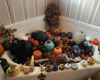 Part of the pumpkin collection! Glass, ceramic, plastic, and fabric along with fall decor items