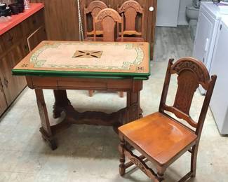 ANTIQUE ENAMEL TOP TABLE W/ FOUR CHAIRS