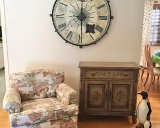 DECORATIVE CLOCK, FLORAL LANE CABINET, CHAIR AND TWO OF MANY PENGUINS