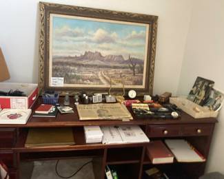 Desk items, wood phone, wonderful large painting.