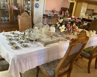 Pretty coffee serving set. Silver plate serving items.
Glassware.