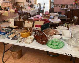 Corning ware, vintage cutlery, and vintage items.