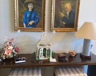 2 very nice paintings. These were brought over in the 70’s from over seas.
Very nice long side table with 2 stools.