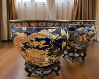 Pair Chinese Dragon Planters on stands bid #6